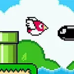 En pixelgrafik viser en lille fugl, der flyver ved siden af en sort projektil med ild i bagkanten, omgivet af skyer, rør, grønne buske og spidse forhindringer
