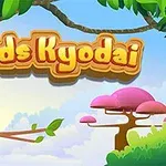 Farverig illustration med animerede fugle på en gren og en lyserød trætop i en tegneserie-stil