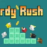 Tegneseriestil fugle i forskellige farver flyver omkring grønne kasser med teksten Birdy Rush øverst