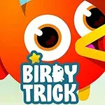 Tegneserieagtig rød fugl med store øjne og en gul næb på en lys baggrund, med teksten Birdy Trick foran