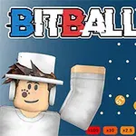 En figur med hvidt tøj og hat smiler foran en blå baggrund med hvide prikker og tal, med teksten Bitball øverst