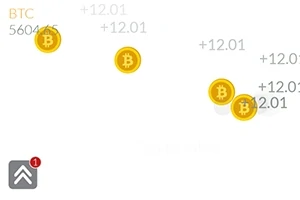 Gule mønter med Bitcoin-symbolet og tal på en hvid baggrund