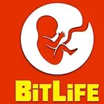 Rød baggrund med en silhuet af et foster i en hvid cirkel og teksten BitLife nedenunder i gul tekst