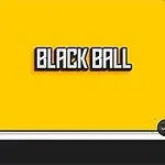 Sort kugle og tekst BLACK BALL på en gul baggrund