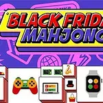 Grafik med farverige ikoner af elektronik og shoppinggenstande samt teksten Black Friday Mahjong på en lilla baggrund