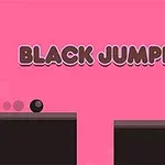 Sort kugle ved kanten af en platform med lyserød baggrund og teksten BLACK JUMPER