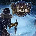 Mørkklædt person med pelskrave og kniv står i snestorm overfor en knogleagtig skabning, med teksten Black Thrones øverst