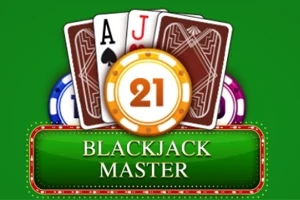 En grøn baggrund med spillekort, jetoner og teksten Blackjack Master