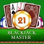 En grøn baggrund med spillekort, jetoner og teksten Blackjack Master