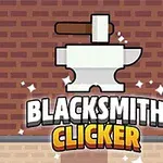 En smedjeillustration med en ambolt og hammer foran en murstensvæg og teksten Blacksmith Clicker