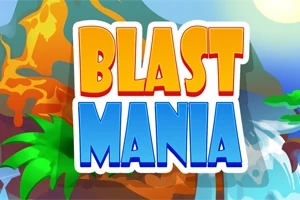 Farverig tekst med ordene BLAST MANIA foran et landskab med vulkan, palmer og vandfald