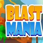 Farverig tekst med ordene BLAST MANIA foran et landskab med vulkan, palmer og vandfald