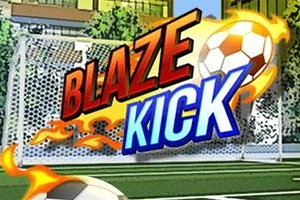 Brændende fodbold bold, der flyver mod et mål med teksten Blaze Kick i farverige bogstaver
