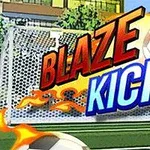 Brændende fodbold bold, der flyver mod et mål med teksten Blaze Kick i farverige bogstaver