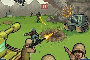Tegneseriestil illustration af militærkamp med soldater, våben og et stort køretøj, der skyder, mens en eksplosion ses i baggrunden