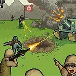 Tegneseriestil illustration af militærkamp med soldater, våben og et stort køretøj, der skyder, mens en eksplosion ses i baggrunden