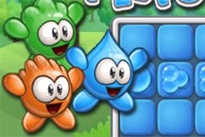 Tre farverige tegneseriefigurer, en grøn, en blå og en orange, med store øjne og smil, står ved siden af et layout af blå firkantede brikker