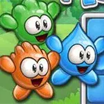 Tre farverige tegneseriefigurer, en grøn, en blå og en orange, med store øjne og smil, står ved siden af et layout af blå firkantede brikker
