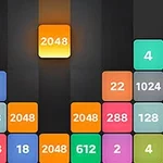 Farvede blokke med tal, herunder 2048, arrangeret i rækker på en mørk baggrund