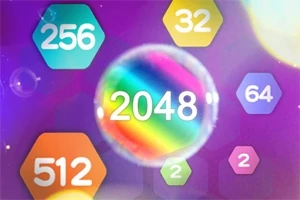 Farverige hexagoner med tal som 256, 32, 64, 512 og 2 omkring en central regnbuefarvet cirkel med tallet 2048
