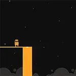 En simpel grafisk scene med en lille orange firkantet figur med hat på en platform mod en sort nattehimmel med stjerner