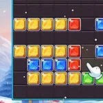 Farvede blokke arrangeret på en sort firkantet gitterbaggrund med en animeret pil i et vinterlandskab