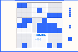 Et gitter med blå og hvide felter viser en kombination med teksten COMBO +64 i midten