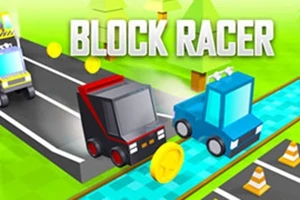To blokformede køretøjer kører på en vej med gyldne mønter og trafikkegler, samt teksten Block Racer øverst