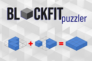 Blå 3D-klodser på en lys baggrund med teksten BLOCKFIT puzzler og et plus- og lighedstegn mellem klodserne