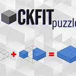 Blå 3D-klodser på en lys baggrund med teksten BLOCKFIT puzzler og et plus- og lighedstegn mellem klodserne