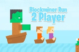 Pixeleret scene med to figurer i både og en stor grøn karakter i baggrunden, med teksten Blockminer Run 2 Player øverst
