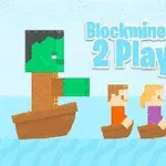 Pixeleret scene med to figurer i både og en stor grøn karakter i baggrunden, med teksten Blockminer Run 2 Player øverst