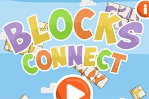 Farverig tekst, der siger BLOCKS CONNECT med en play-knap og små skyer i baggrunden