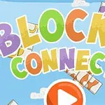 Farverig tekst, der siger BLOCKS CONNECT med en play-knap og små skyer i baggrunden