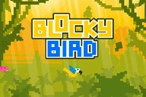 Pixelgrafik med teksten Blocky Bird i gule og blå blokbogstaver over en skovbaggrund med en lille pixeleret fugl