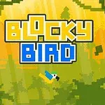 Pixelgrafik med teksten Blocky Bird i gule og blå blokbogstaver over en skovbaggrund med en lille pixeleret fugl