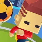 En stiliseret, firkantet figur i rød trøje spiller fodbold med en gul og sort bold på en grøn bane med blå baggrund