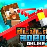 En pixeleret karakter kører en rød bil i et farverigt, blokagtigt landskab, med teksten Blocky Roads Online nederst i billedet