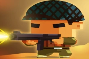 Tegnet figur med soldateruniform og hjelm, der skyder med et gevær mod en gylden baggrund
