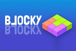 Teksten BLOCKY med et spejlbillede nedenunder og farverige, sammenkoblede firkanter på en blå baggrund
