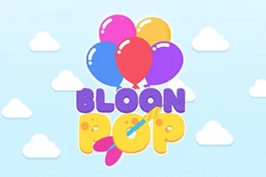 Fem farverige balloner med teksten Bloon Pop og dartpile på en lyseblå baggrund med hvide skyer
