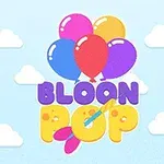 Fem farverige balloner med teksten Bloon Pop og dartpile på en lyseblå baggrund med hvide skyer