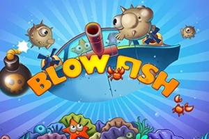 En tegneserie med en blå himmel, oppustede fisk, en rød kanon, en bombe, farverige koraller og teksten Blow Fish