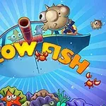 En tegneserie med en blå himmel, oppustede fisk, en rød kanon, en bombe, farverige koraller og teksten Blow Fish