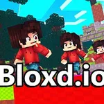 Tegnefilmagtige karakterer med røde skjorter, der står på farvede blokke i en pixeleret verden, med teksten Bloxd