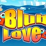 Tekst med store gule bogstaver Blub Love på blå baggrund med skibe og hjerter i vandet