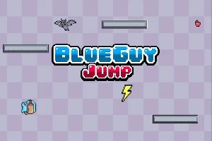 Blå baggrund med tern, et flyvende flagermus-ikon, en æble-ikon, en lyn-ikon, og teksten Blue Guy Jump midt i billedet