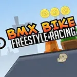 Tegnefilmsfigur på BMX-cykel laver tricks ved rampe med tre gyldne mønter i luften og en dødningehoved på platformen