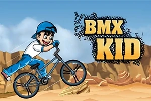 En tegneseriefigur på en BMX-cykel foran en ørkenbaggrund med teksten BMX Kid