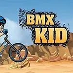 En tegneseriefigur på en BMX-cykel foran en ørkenbaggrund med teksten BMX Kid